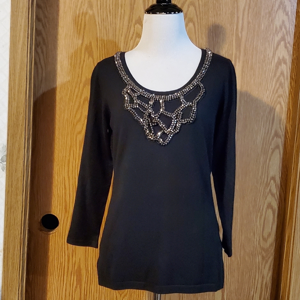 Joseph A. Sweater 3/4 sleeve with beaded neckline rayon nylon size S
